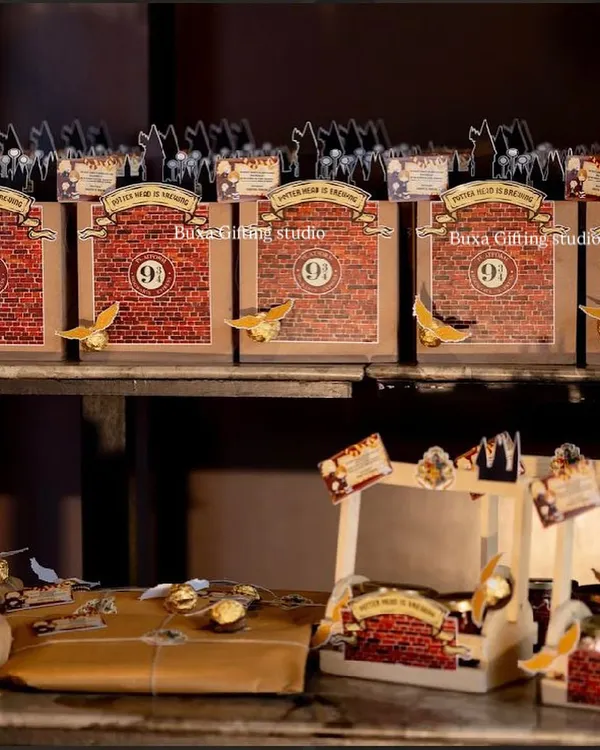 All aboard the Hogwarts Express. These Harry Potter themed hampers are ready to go, featuring Platform 9¾ boxes, golden snitch chocolates, and castle cutouts.