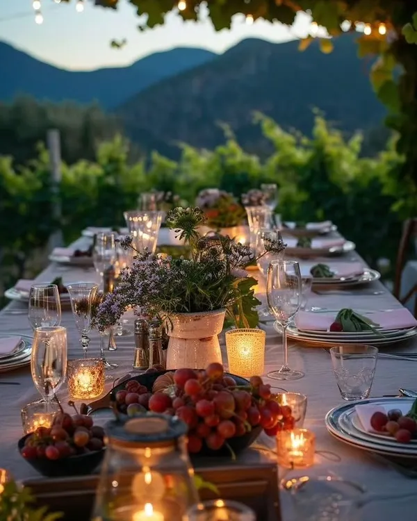 The art of celebration extends to the dining experience. I styled this rustic-elegant tablescape for an outdoor dinner, using natural elements, candlelight, and fine details to create a warm and inviting atmosphere for guests.