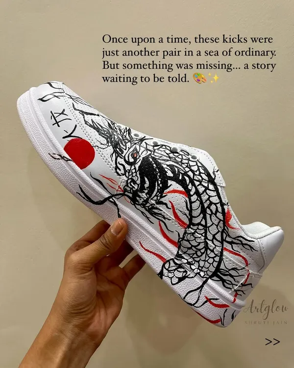 Once, these kicks were just an ordinary pair of shoes. I saw them as a blank canvas for a story waiting to be told, and with a few brushstrokes, a powerful dragon began to emerge.