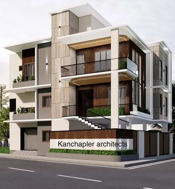 A different perspective of the modern residence, this 3D render highlights the building's dynamic form and the interplay of different textures. The design includes balconies and strategic window placements for light and views.