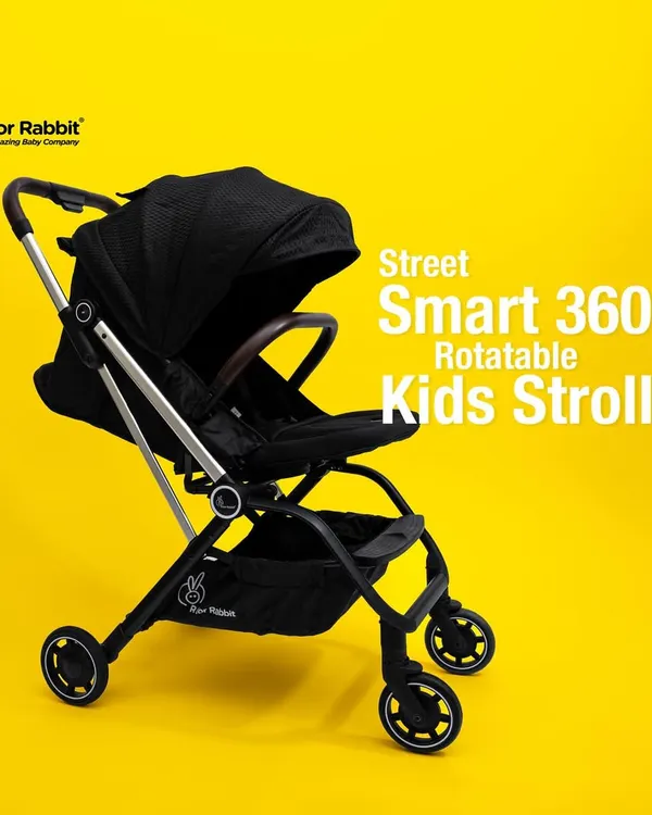 A clean, graphic-enhanced shot of an R for Rabbit stroller. This style is perfect for e-commerce, clearly presenting the product while highlighting its key selling points with text.
