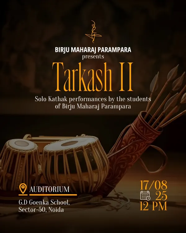 The official invitation for Tarkash II, our solo student showcase. The design, featuring the tabla and a quiver of arrows, symbolizes the event's focus on rhythm and emerging talent.