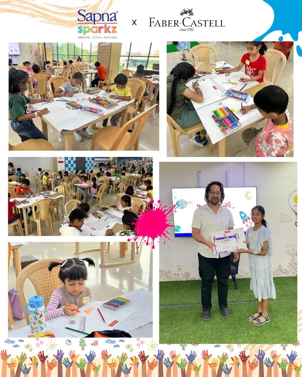 A vibrant collage from our Young Artists Contest in collaboration with Faber-Castell. It shows the full scope of the event, from kids deep in concentration to a winner receiving their prize.