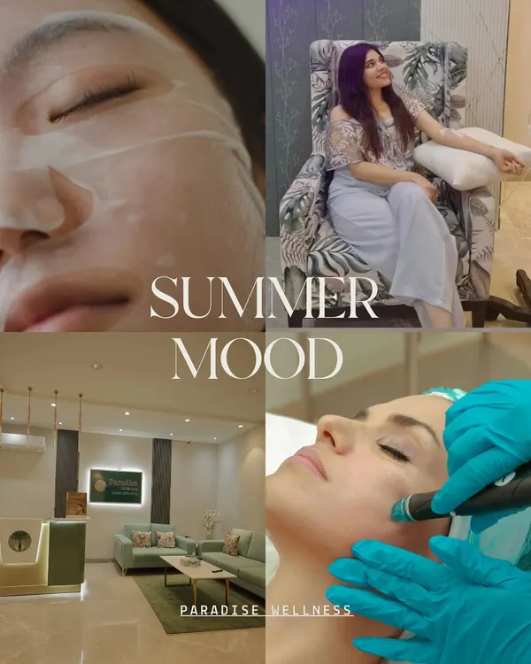 Our summer moodboard is all about achieving that perfect glow. It features a collage of our key summer services, including refreshing facials, IV drips for hydration, and a look inside our serene clinic space.