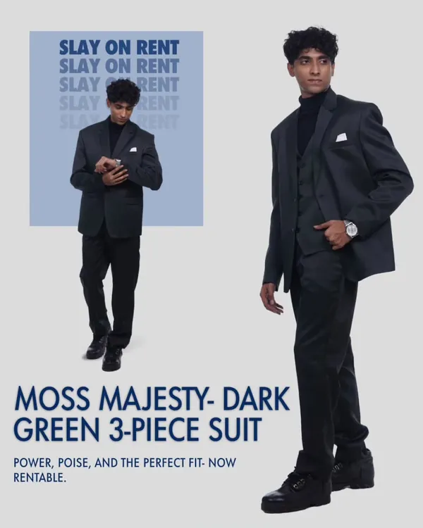 Moss Majesty. This dark green 3-piece suit is a statement in power and poise. Rent the aura, rule the evening.