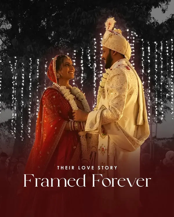 Their love story, framed forever. This shot captures the timeless romance of a couple on their wedding night, with a simple yet beautiful backdrop of string lights.