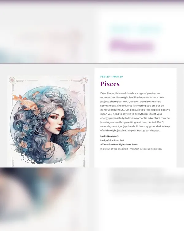 A preview of the weekly tarot reading for Pisces from my website. I pair each zodiac forecast with beautiful artwork to capture the energy of the reading.