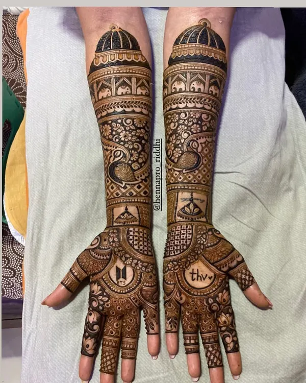 For all the BTS fans out there, yes, I can definitely add your bias to your bridal mehendi. This bride wanted to show her love for V (thv), and as a Jimin fan myself, I was so excited to do it.