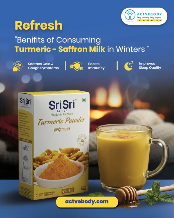 Refresh your winters naturally with a warm cup of Turmeric-Saffron milk. This cozy image explains its benefits for soothing colds, boosting immunity, and improving sleep quality, making it a must-have winter ritual.