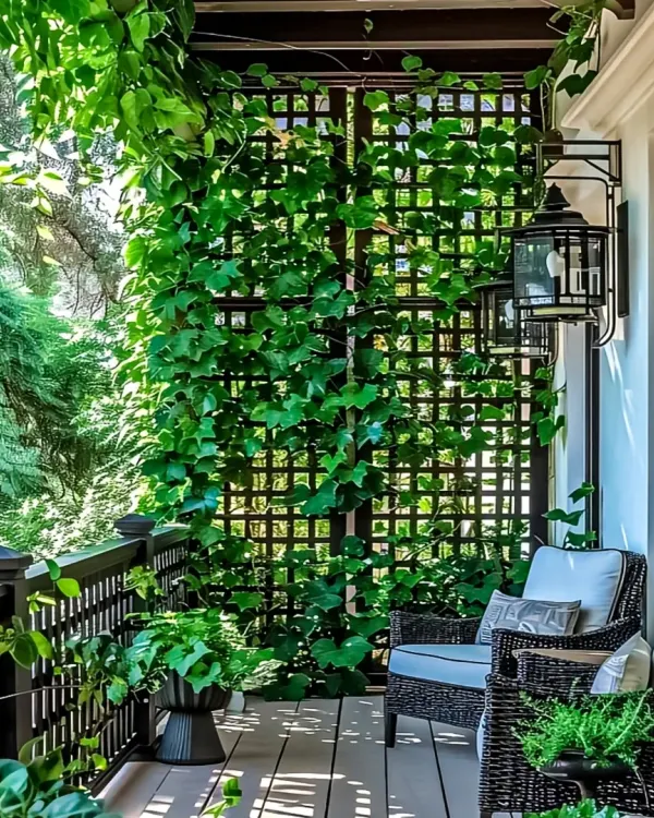 A dark wood trellis acts as a support for climbing vines, creating a natural privacy screen and a beautiful green feature wall. Paired with classic wicker armchairs and wooden decking, this design creates a shaded, traditional, and serene sitting area.