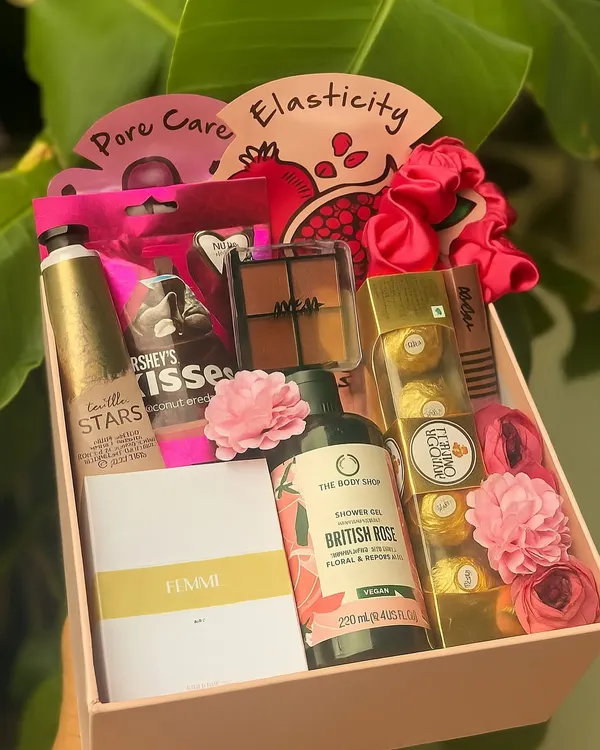 A hamper that's perfect for pampering your sister or best friend. This box is filled with beauty essentials, including Nykaa eyeshadow, a Zara mini perfume, Body Shop shower gel, and Ferrero Rocher.