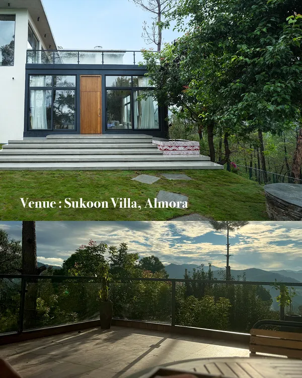 Our retreat venue, Sukoon Villa in Almora, is a sanctuary nestled in the mountains. It's a place designed for peace, with stunning views that help you disconnect from the outside world and reconnect with yourself.