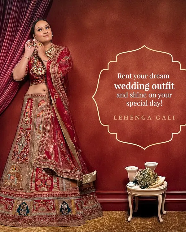 This magnificent red and gold bridal lehenga is designed for the bride who wants a truly royal wedding look. The intricate embroidery and traditional silhouette make it a timeless piece, perfect for making a grand entrance on your special day. Rent this dream wedding outfit and shine without the hefty price tag.