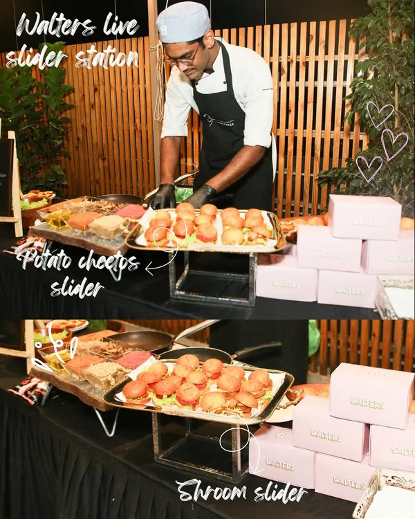 Our live slider station in action at a 25th birthday party. Guests loved choosing between our 'Shroom Sliders and Potato Cheetos Sliders, all made fresh to order.