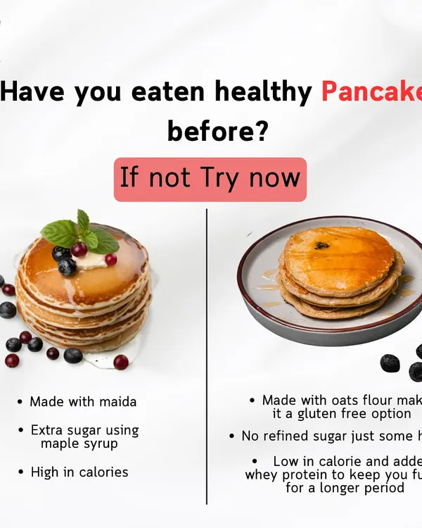 Have you eaten healthy pancakes before? Mine are made with oats flour, making them a gluten free option. They are low in calories, have no refined sugar, and are enriched with whey protein to keep you fuller for longer.