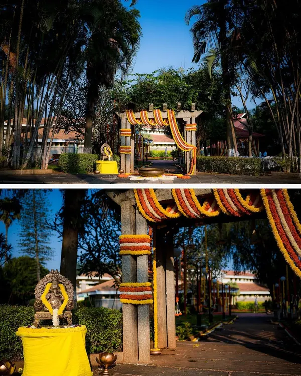 A collage showcasing the vibrant marigold decorations at an outdoor wedding venue. We love capturing the riot of colors that make Indian weddings so special.