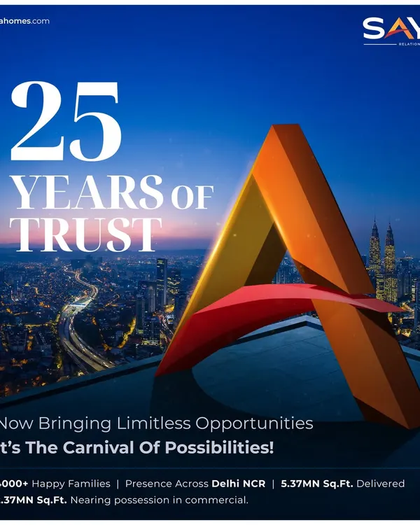 Celebrating 25 years of trust. This image marks our legacy of delivering happiness and success, having served over 4,000 happy families and delivered 5.37 million sq. ft. of prime real estate across Delhi NCR.