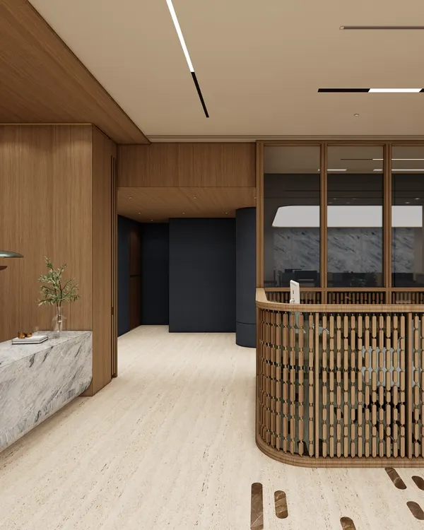 A first look at a modern office reception we designed, blending warm wood tones with elegant marble and a bespoke curved welcome desk. This space is a prime example of our 'spatial branding' approach, creating a welcoming yet luxurious first impression for a high-end commercial client.
