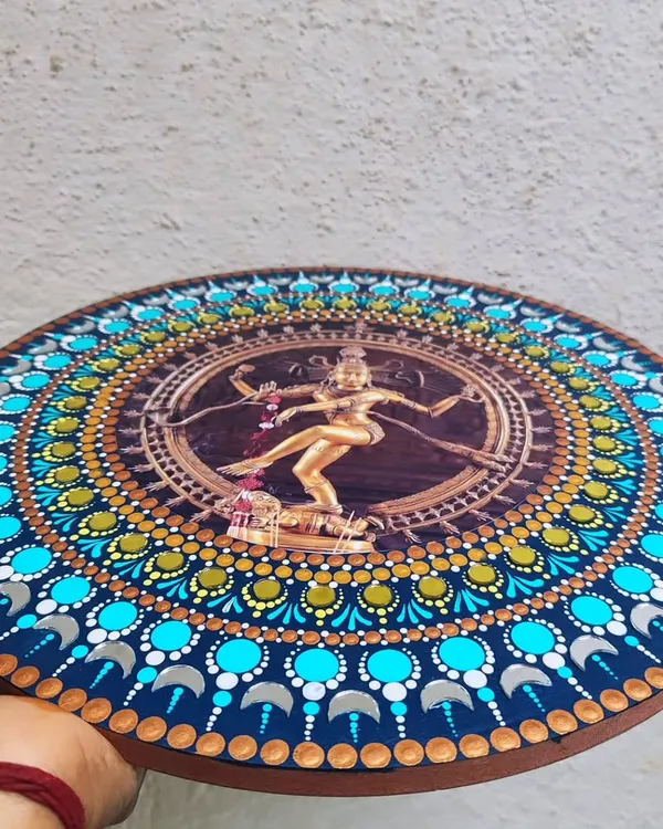 A close up of my Nataraja dot mandala painting. Every dot is placed with intention to create this intricate design celebrating the cosmic dance of Shiva.