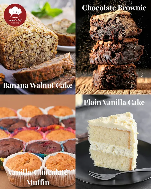 A selection of my 100% eggless desserts. This includes banana walnut cake, chocolate brownies, vanilla chocolate muffins, and a classic plain vanilla cake.