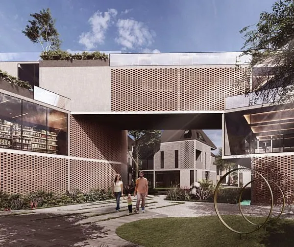 The clubhouse for our Kolgaon Masterplan is designed as a dynamic patchwork of programs. The facade mixes perforated brick screens with transparent glass containers, creating a building that is both functional and visually engaging.