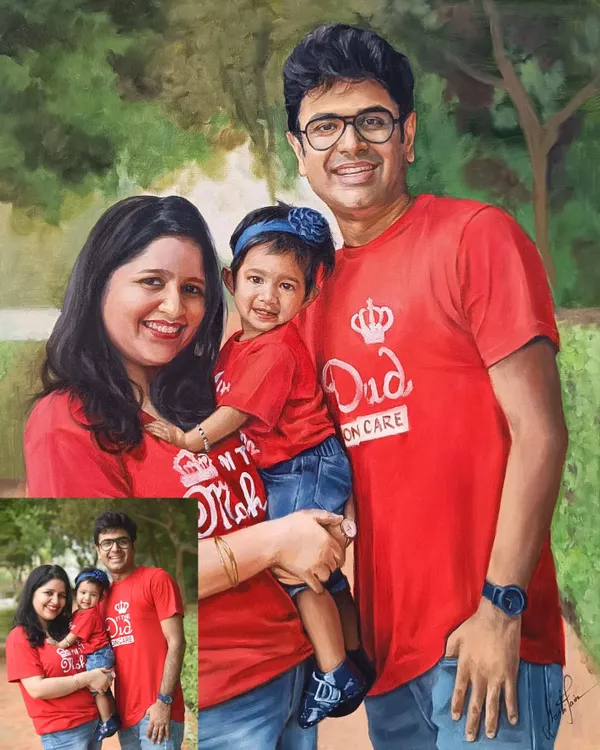 A perfect family portrait, created from a photo and transformed into a timeless oil painting. The matching red shirts create a wonderful sense of unity and fun.