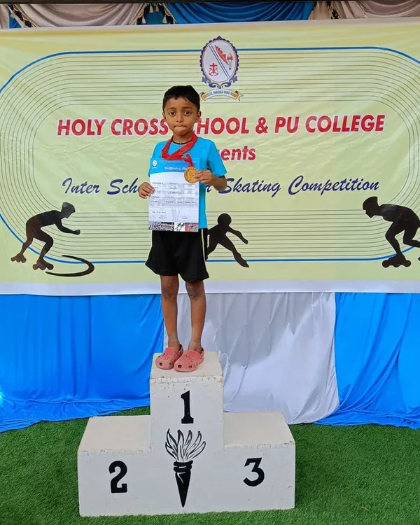 A proud moment for our champ Reyansh, standing tall on the first-place podium with his gold medal at the Holy Cross School inter-school competition.