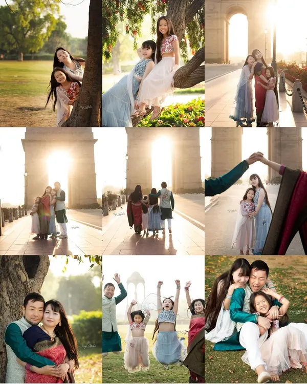 A collage from a beautiful family photoshoot at India Gate. This shows a variety of poses, from classic group portraits to fun, candid moments, all celebrating their love for each other and for India.