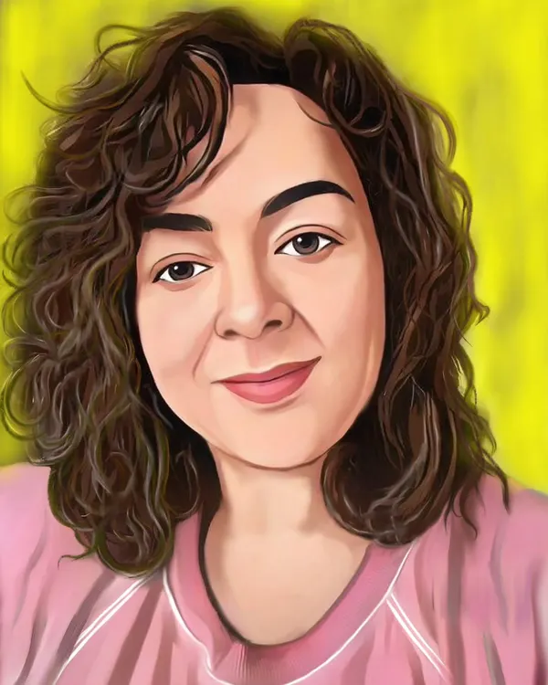 A commissioned digital portrait for a client from the USA, Debi Peru Camargo. I worked from her photo to create this colorful and lively artwork with a bright yellow background.