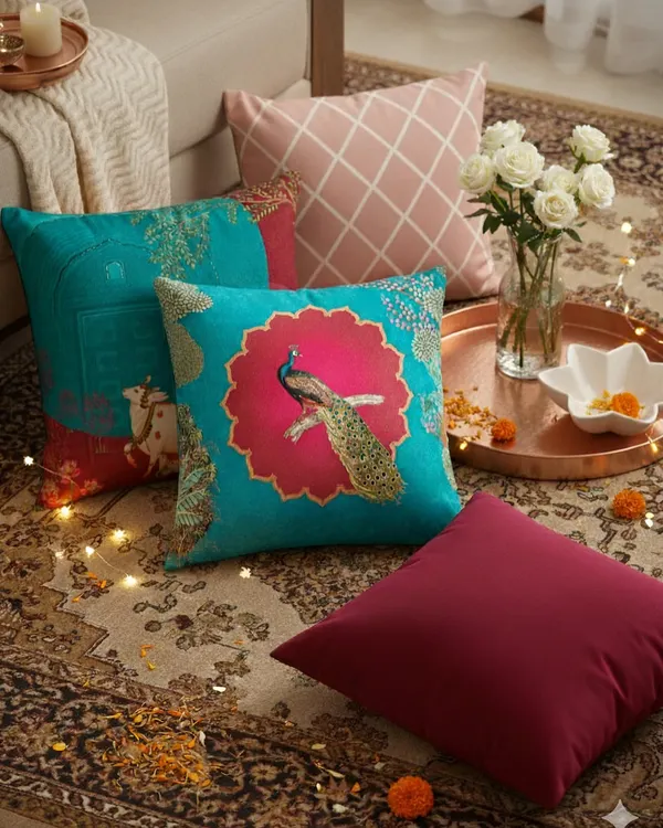 For the festive season, I designed this Pichwai cushion collection to bring home the charm of tradition. The vibrant peacock motif and rich colors are a celebration of timeless Indian art and festive elegance.