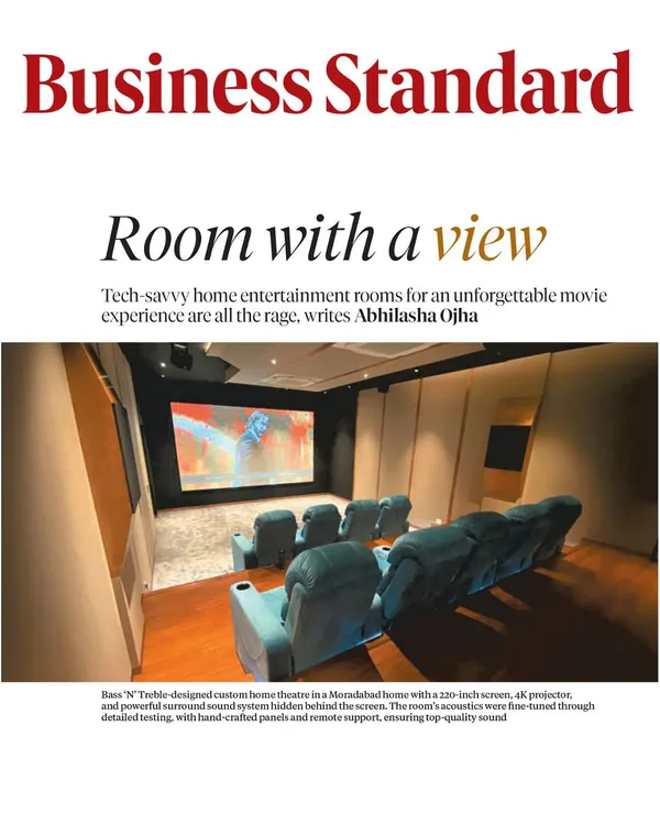 Our work featured in Business Standard, showcasing a custom home theatre we designed. This room features a 120-inch screen, 4K projection, and a precisely tuned surround sound system with hidden speakers for a clean, powerful experience.