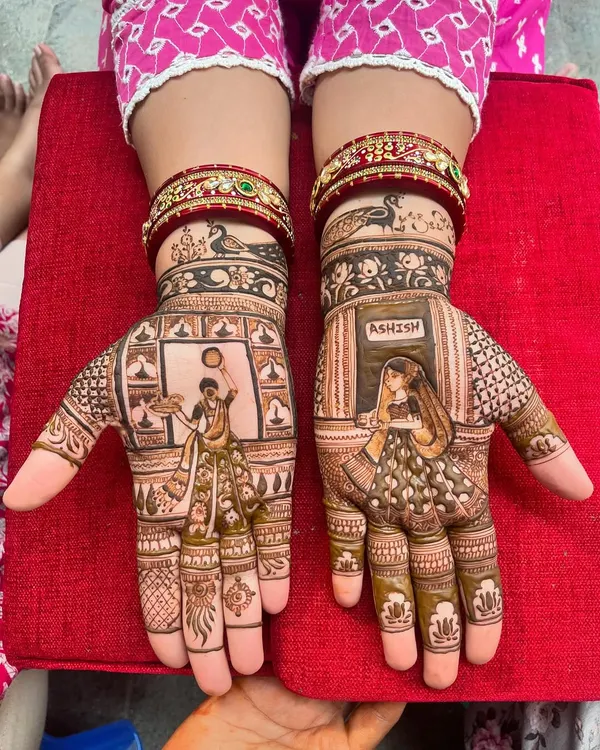 A special design created for Karva Chauth, a festival where married women fast for their husbands. This design depicts the tradition of viewing the moon, with the husband's name on the other hand.