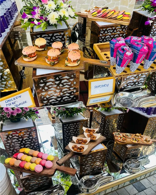 A vibrant assortment of party favorites. This collage displays chicken mini burgers, colorful macarons, popcorn cones, and other tasty bites, perfect for a fun and festive birthday celebration.