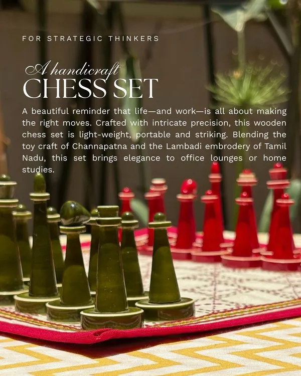 This handcrafted chess set is for the strategic thinkers in your team. It blends the 200-year-old toy craft of Channapatna with the intricate Lambadi embroidery of Tamil Nadu, creating a gift that speaks of heritage, elegance, and making the right moves in life and work.