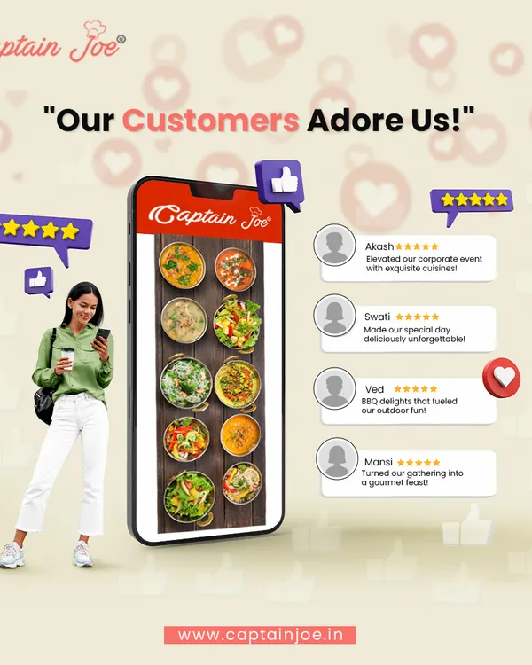 Our customers adore us! This graphic showcases positive five-star reviews from satisfied clients, reflecting our consistent delivery of exquisite cuisine and unforgettable event experiences.