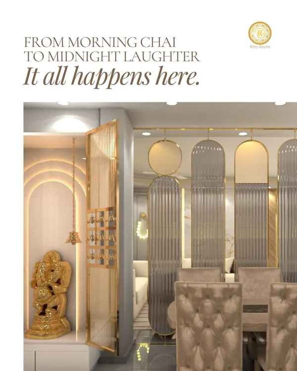 I design homes to be the backdrop for your life's best moments. This view captures a harmonious blend of social and sacred spaces, featuring an elegant dining area that flows into a tranquil niche for a Ganesha idol, proving that modern luxury and spiritual well-being can coexist beautifully.