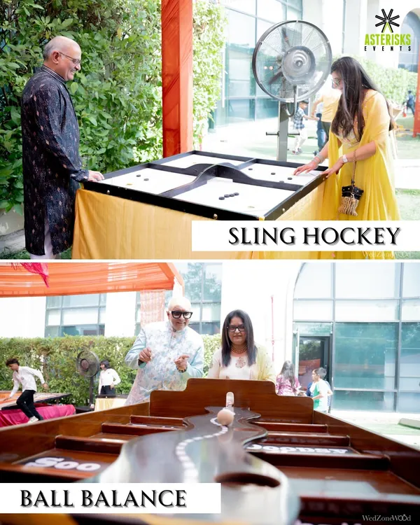 A collage of fun-filled games at a Mehendi ceremony. We included Sling Hockey and Ball Balance to get guests competing and laughing together.