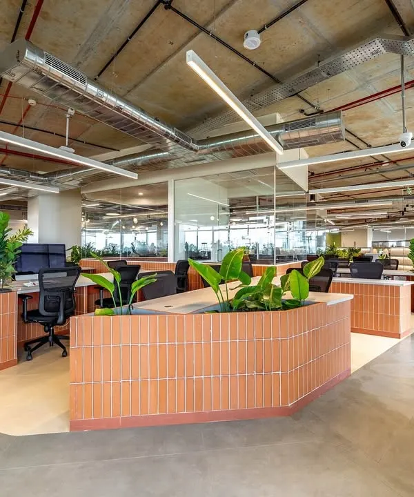 We design offices that people want to come to. This open-plan workspace integrates biophilic design with an industrial aesthetic, featuring abundant natural light, lush greenery integrated into workstations, and exposed ceilings. This approach creates a dynamic and healthy environment that fosters both focus and collaboration.