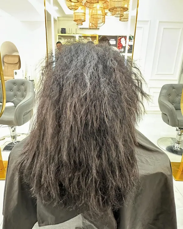 This is a common starting point for many of our clients: hair that is extremely dry, frizzy, and difficult to control. This 'before' picture shows the challenge we are ready to solve.