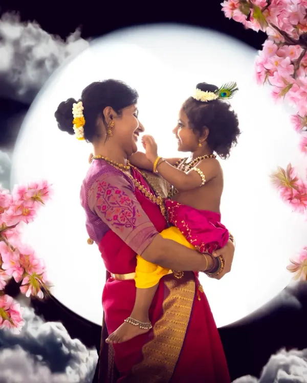 The bond between a mother and her child is divine. Here, I captured a tender Yashoda and Krishna moment against a magical moonlit backdrop, creating a portrait that feels like a timeless painting.