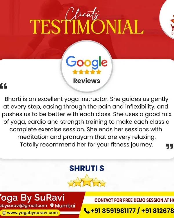 Shruti's review highlights our balanced approach, combining yoga, cardio, and strength training, ending with relaxing meditation and pranayama.
