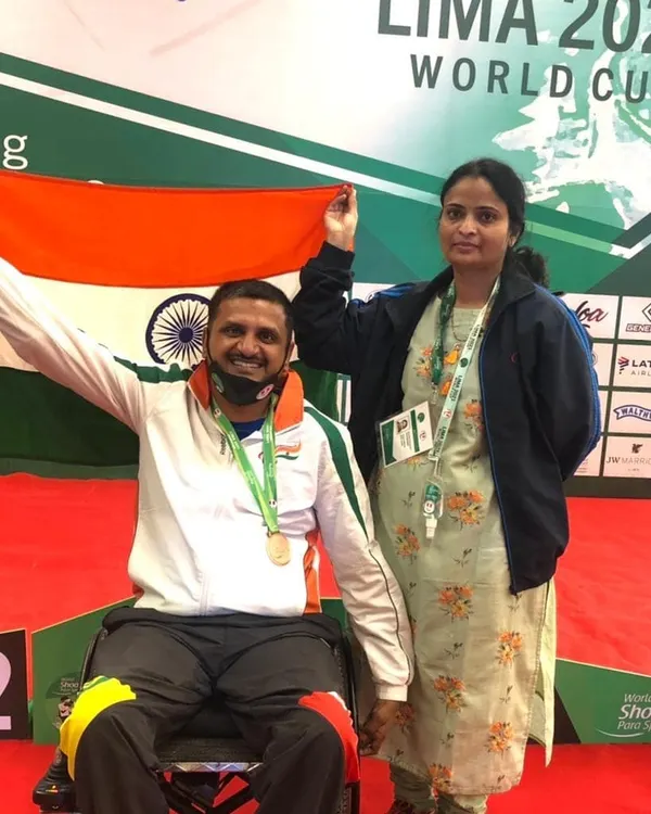 Para-shooter Sriharsha Devaraddi with his wife, celebrating his Bronze medal win at the LIMA World Cup 2021. Their partnership is a source of great strength and inspiration.