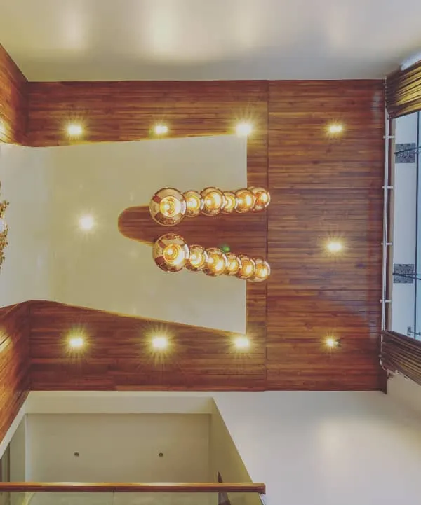 A worm's-eye view of the ceiling in a double-height living room. The design features rich wood paneling that curves gently, punctuated by a modern glass chandelier and recessed spotlights, showcasing our focus on architectural details.