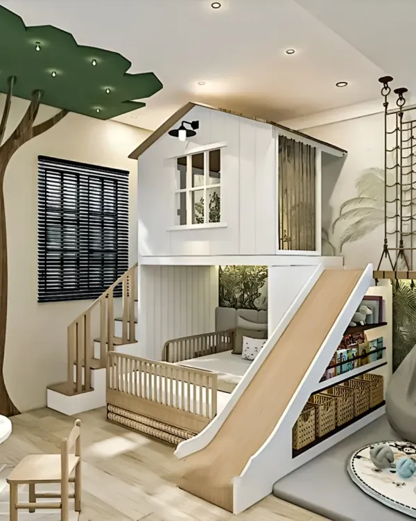 A jungle-themed kid's room complete with a treehouse-style bunk bed, a slide, and a climbing net. We used playful elements like a tree wall decal to create an adventurous and fun environment.
