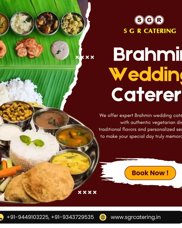 A showcase of our Brahmin wedding catering, featuring both a traditional banana leaf meal and a plated thali. We offer personalized service to make your special day truly memorable with authentic vegetarian dishes and traditional flavors.