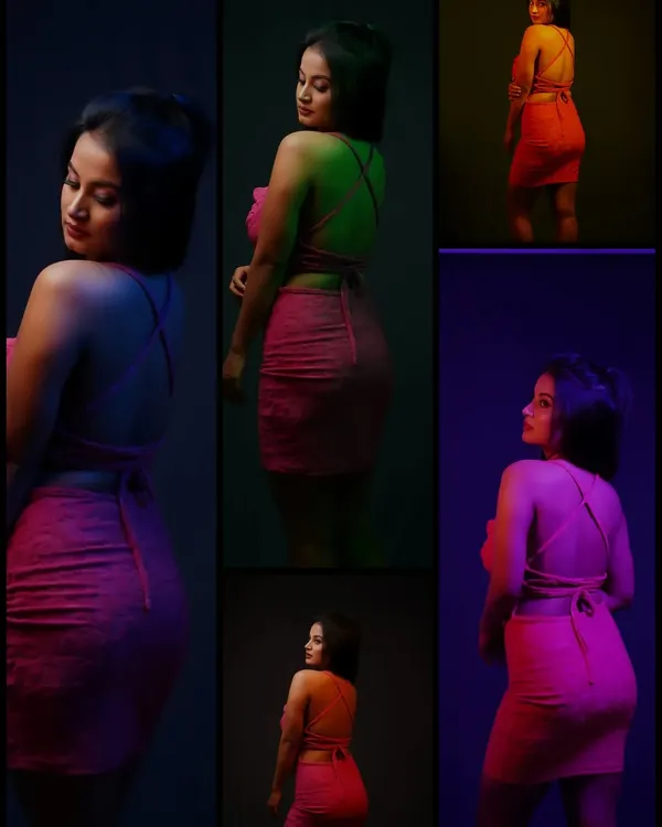 An experimental portrait of actress Anusha Rai using a collage format and colored lighting. This style is great for creating edgy and modern social media content.