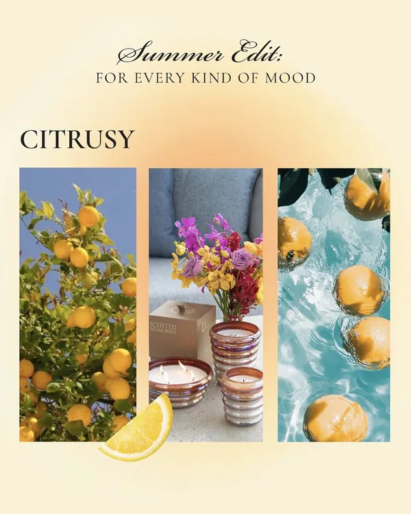 Sun-drenched escapes, just a breath away. This summer mood board captures the citrusy vibe of the season, perfectly complemented by my iridescent Scented Utopia candles.