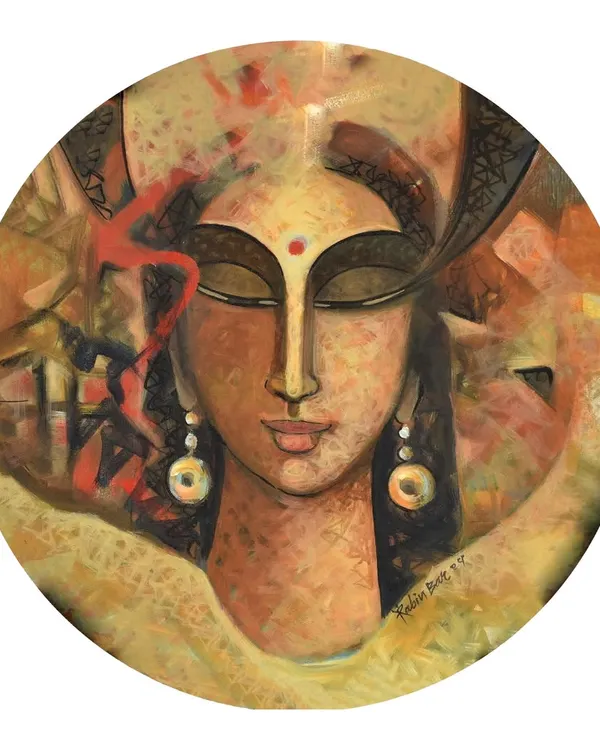 An untitled acrylic painting on a 28-inch circular canvas, featuring a serene female face in my signature style.