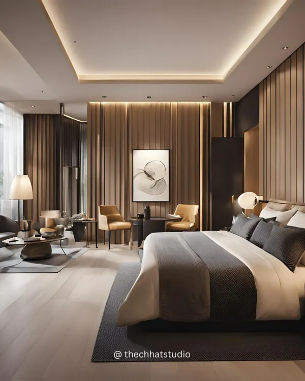 This spacious hotel room concept uses a rich palette of dark browns and whites to create a cozy yet sophisticated oasis. I designed the layout to include a comfortable seating area, making the room feel like a complete living space, not just a place to sleep.
