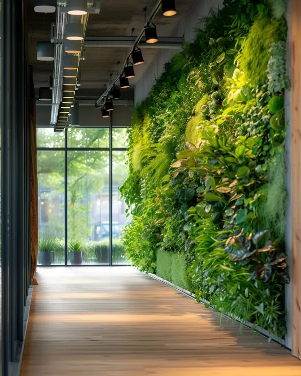 A lush artificial green wall installed along a hallway, bringing vibrant life and texture to the space. The track lighting above highlights the different shades and forms of the foliage.
